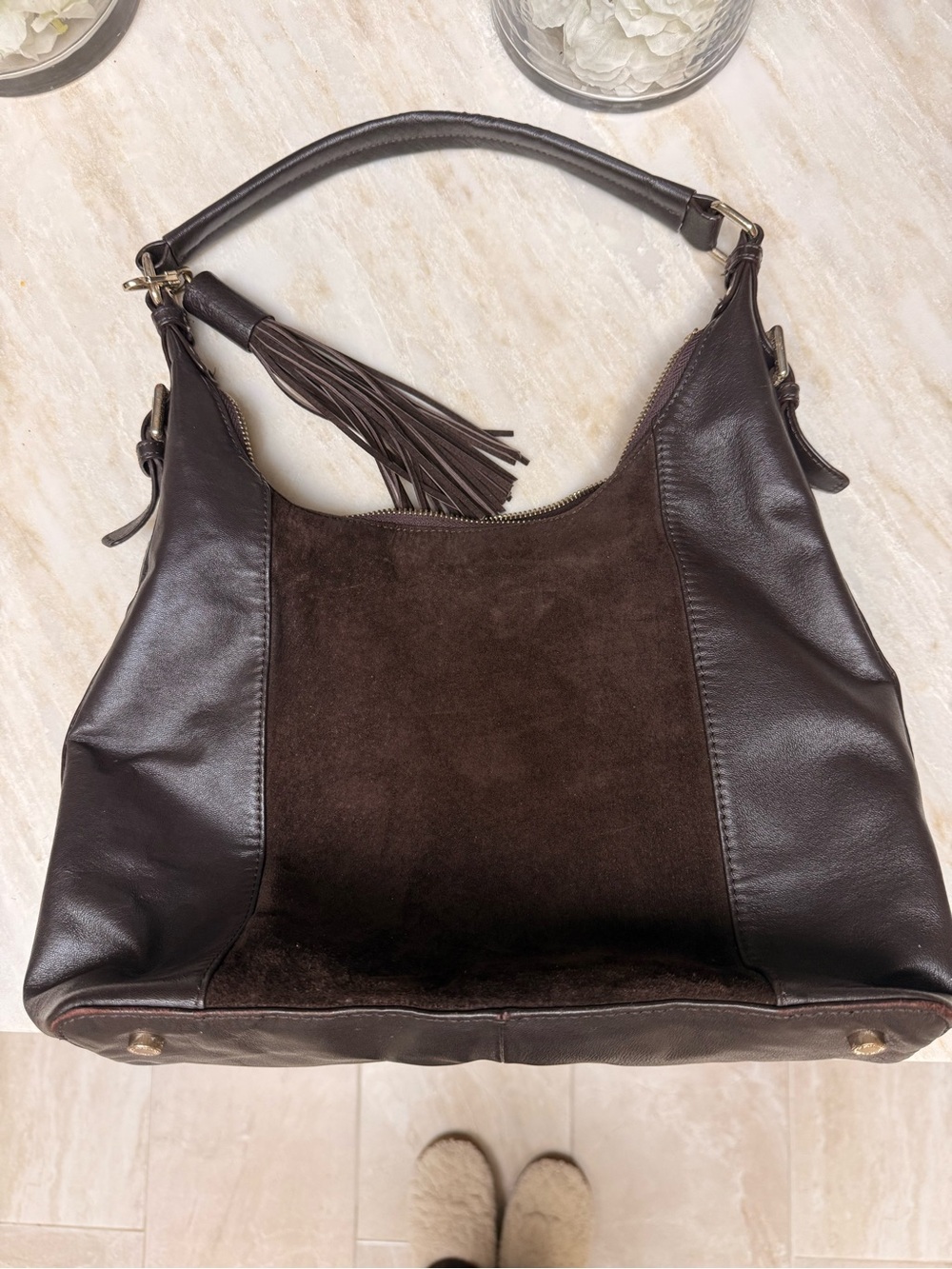 Danier Dark Brown Leather & Suede Hobo with Tassel